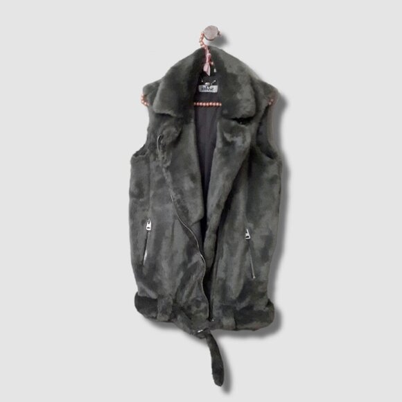 EUC Jakke green grey faux fur biker moto belted vest - Picture 5 of 9